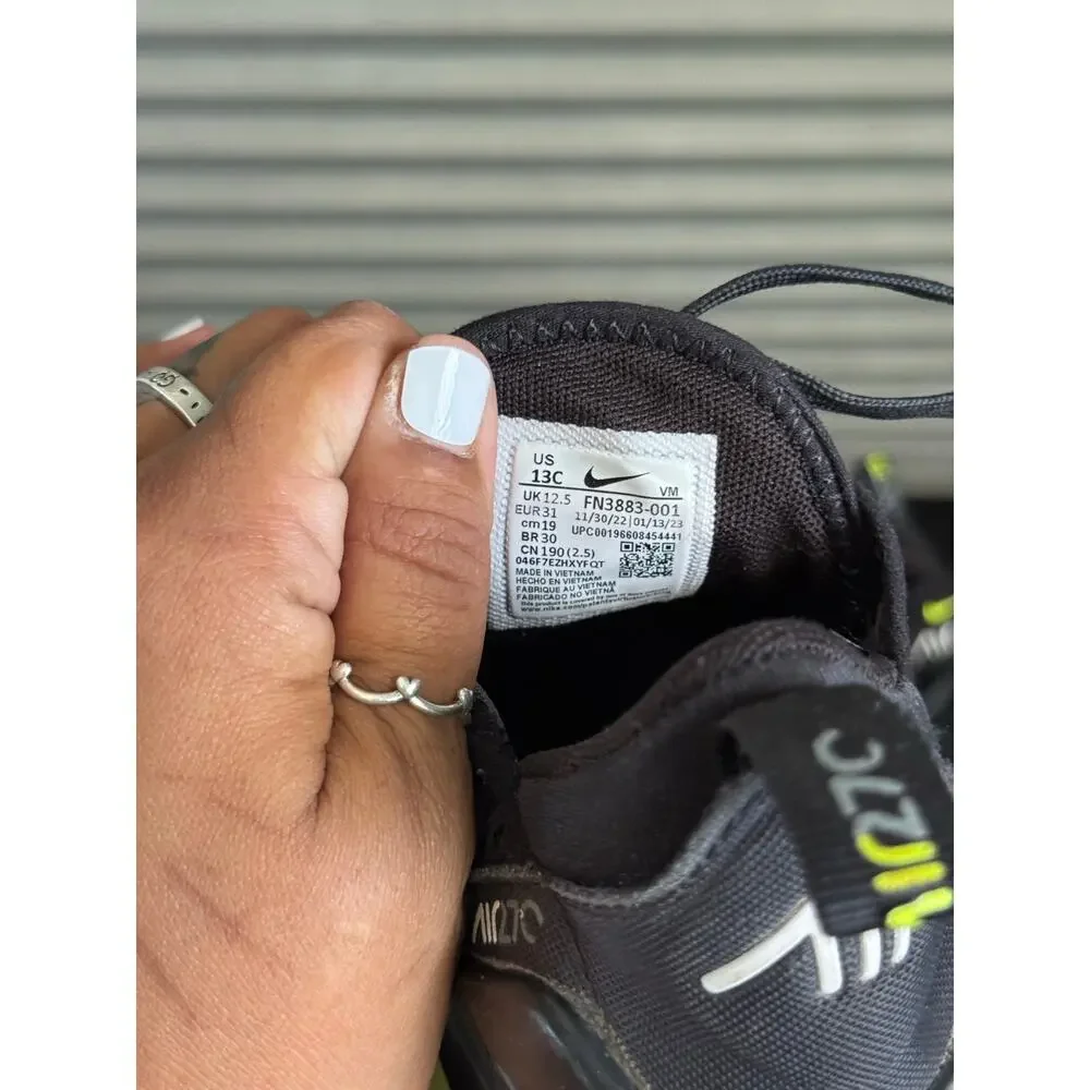Nike Air Max 270 Black Volt Running Shoes Kids Size 13C FN3883-001